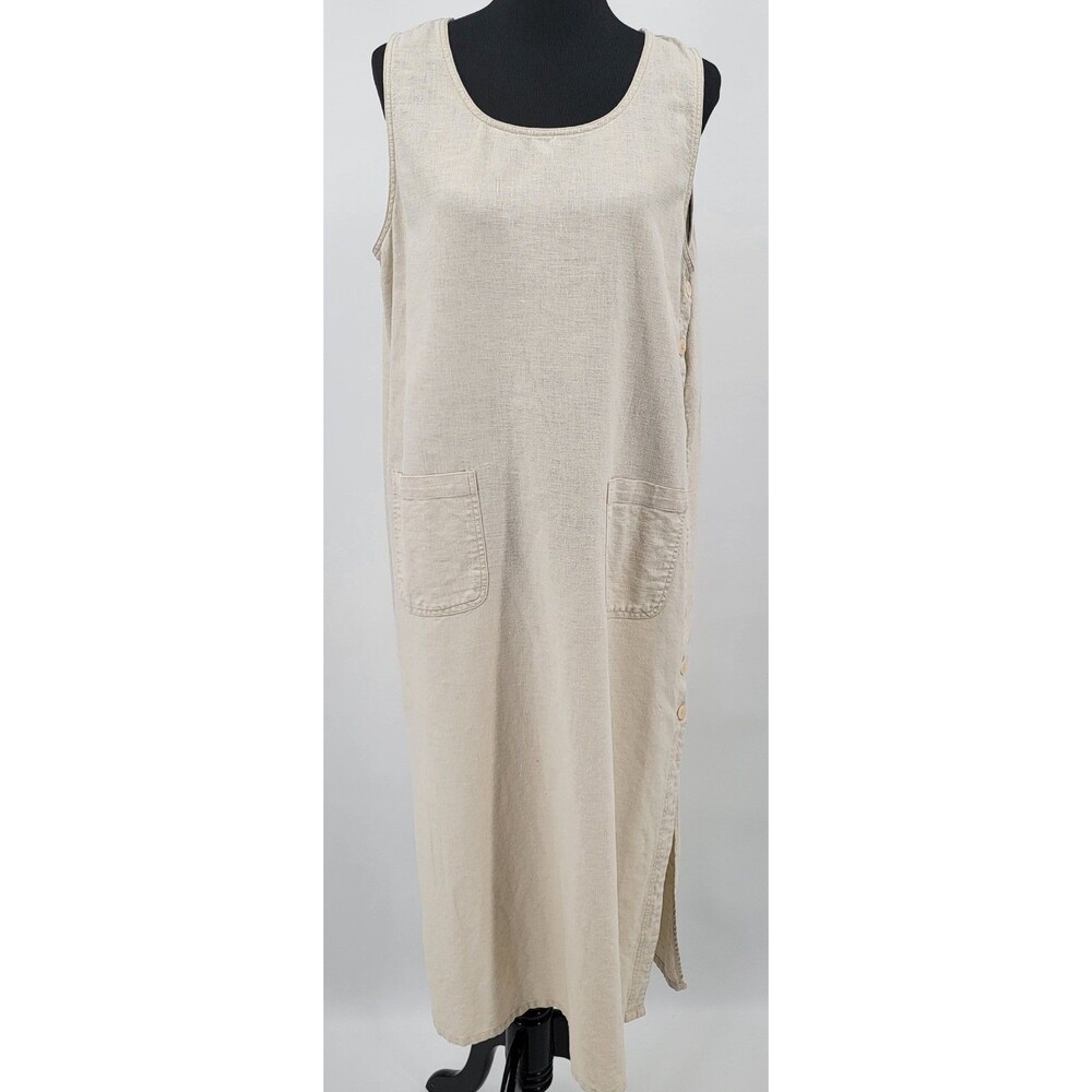 Sleeveless Linen Blend Column Maxi Dress Side Buttons Pockets Coastal Resort
